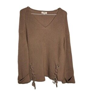UMGEE V-Neck Sweater Lace Up Tan Beige Cuffed Womens Size Med Long Sleeves